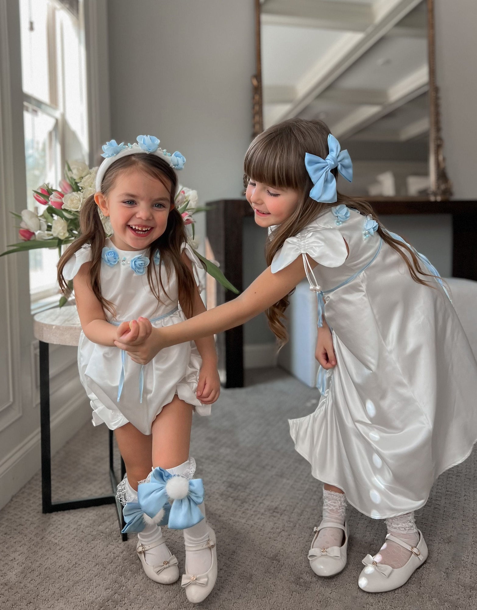Baby Girls | Daphne Satin Dress with Embroidery | White & Blue