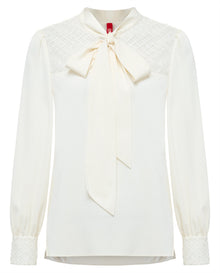 Silk Tie-Neck Embroidered Shirt | Beige