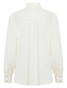 Silk Tie-Neck Embroidered Shirt | Beige
