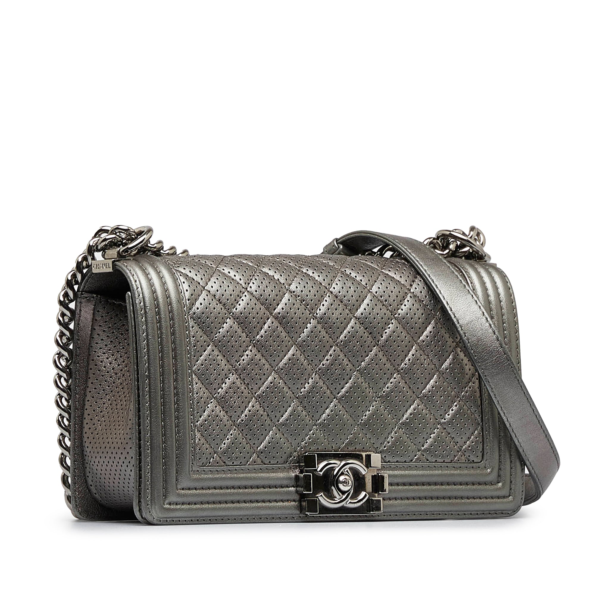 Chanel | Pre-Owned Old Medium Quilted Perforated Metallic Lambskin Boy Flap | Gray