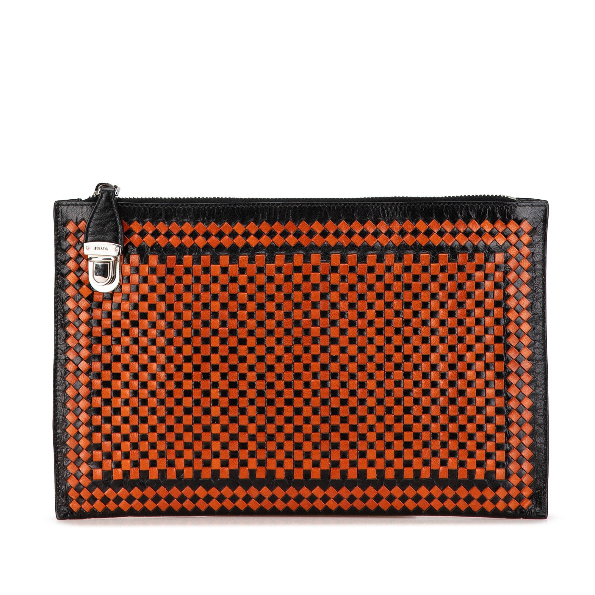Prada | Pre-Owned Woven Goatskin Madras Zip Clutch | Brown