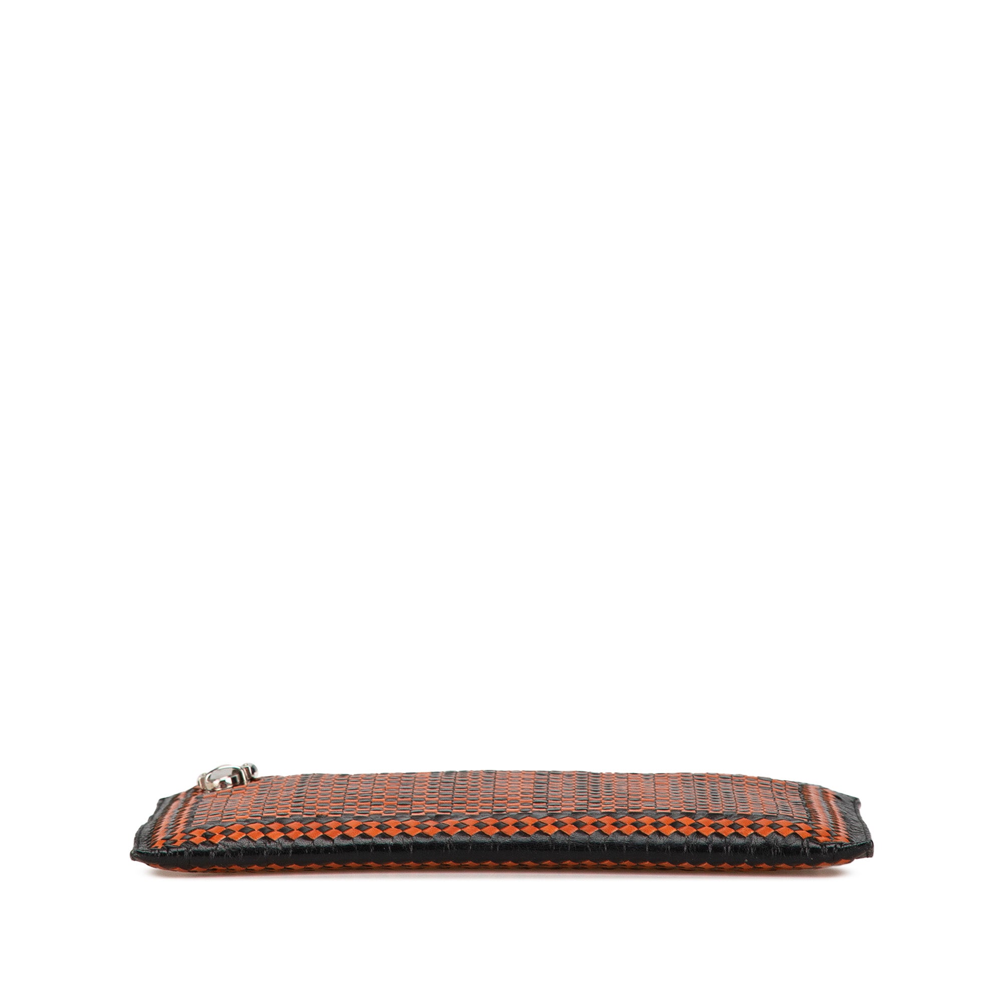 Prada | Pre-Owned Woven Goatskin Madras Zip Clutch | Brown
