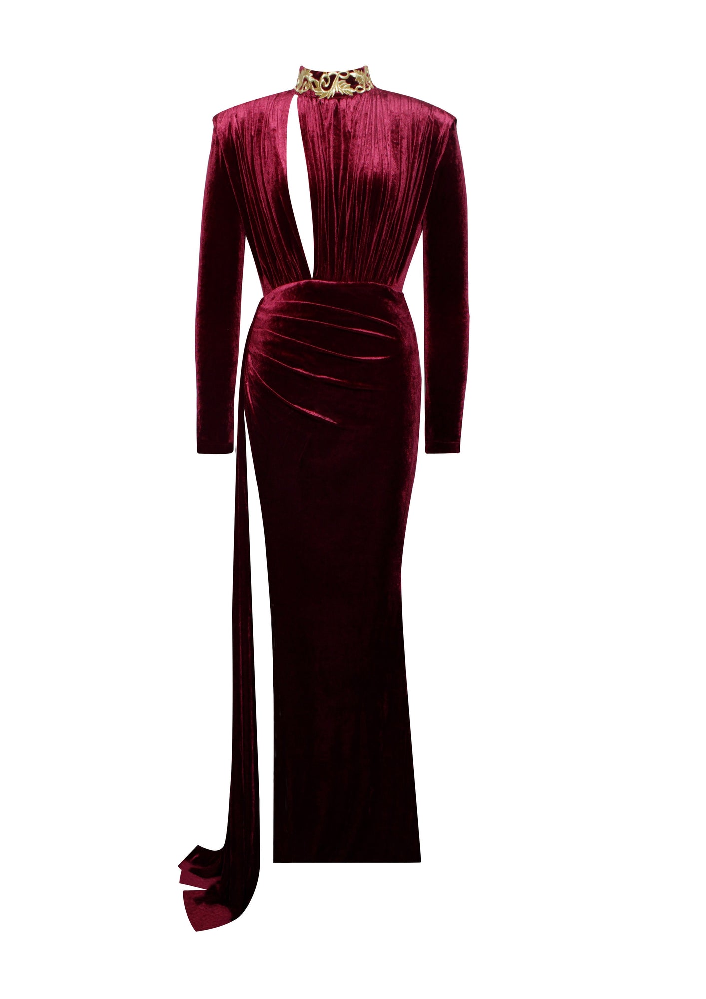 Zenaida Cutout High Slit Velvet Gown | Burgundy