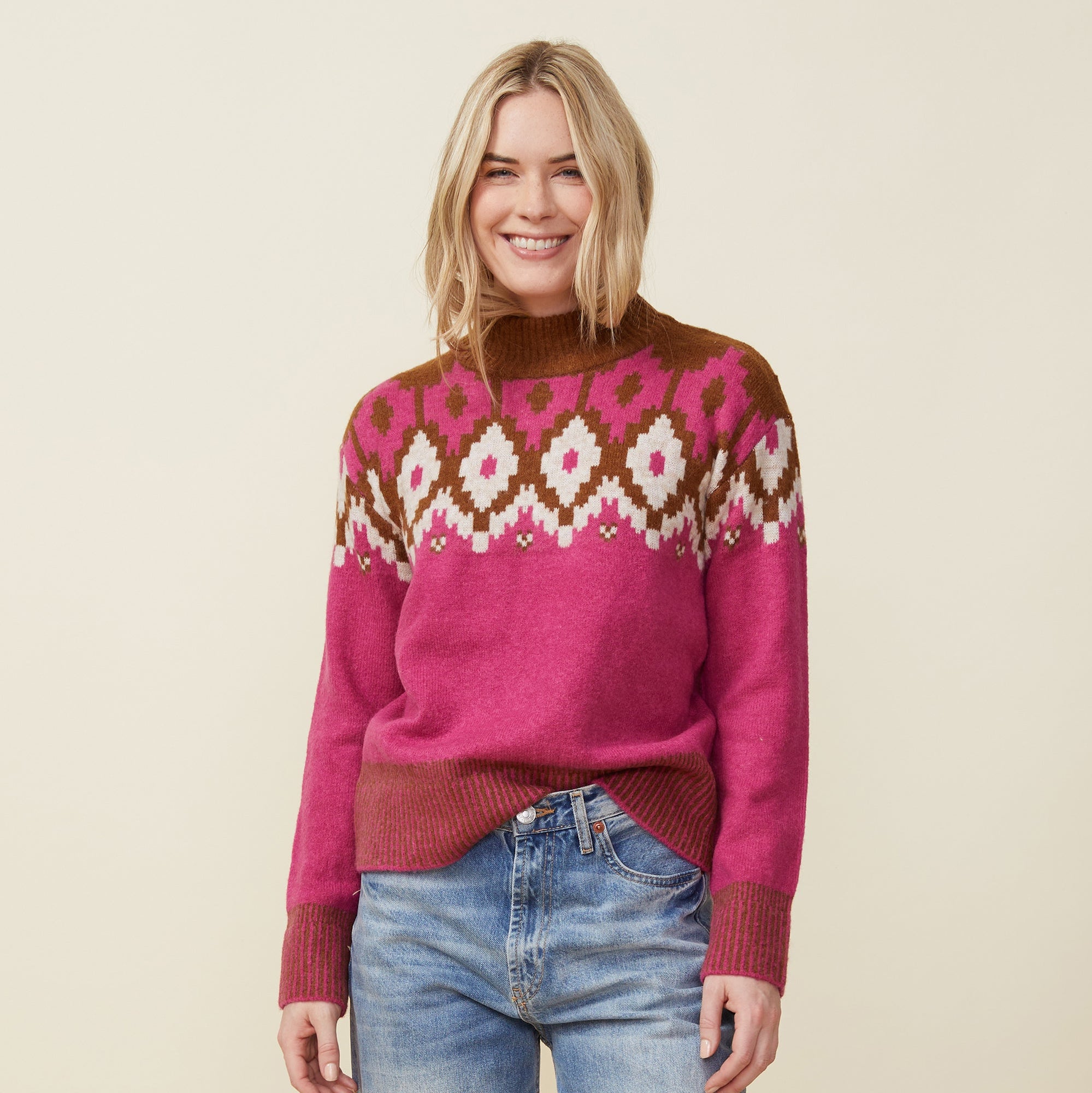 Mock Neck Fair Isle Sweater | Women | Dragon Fruit