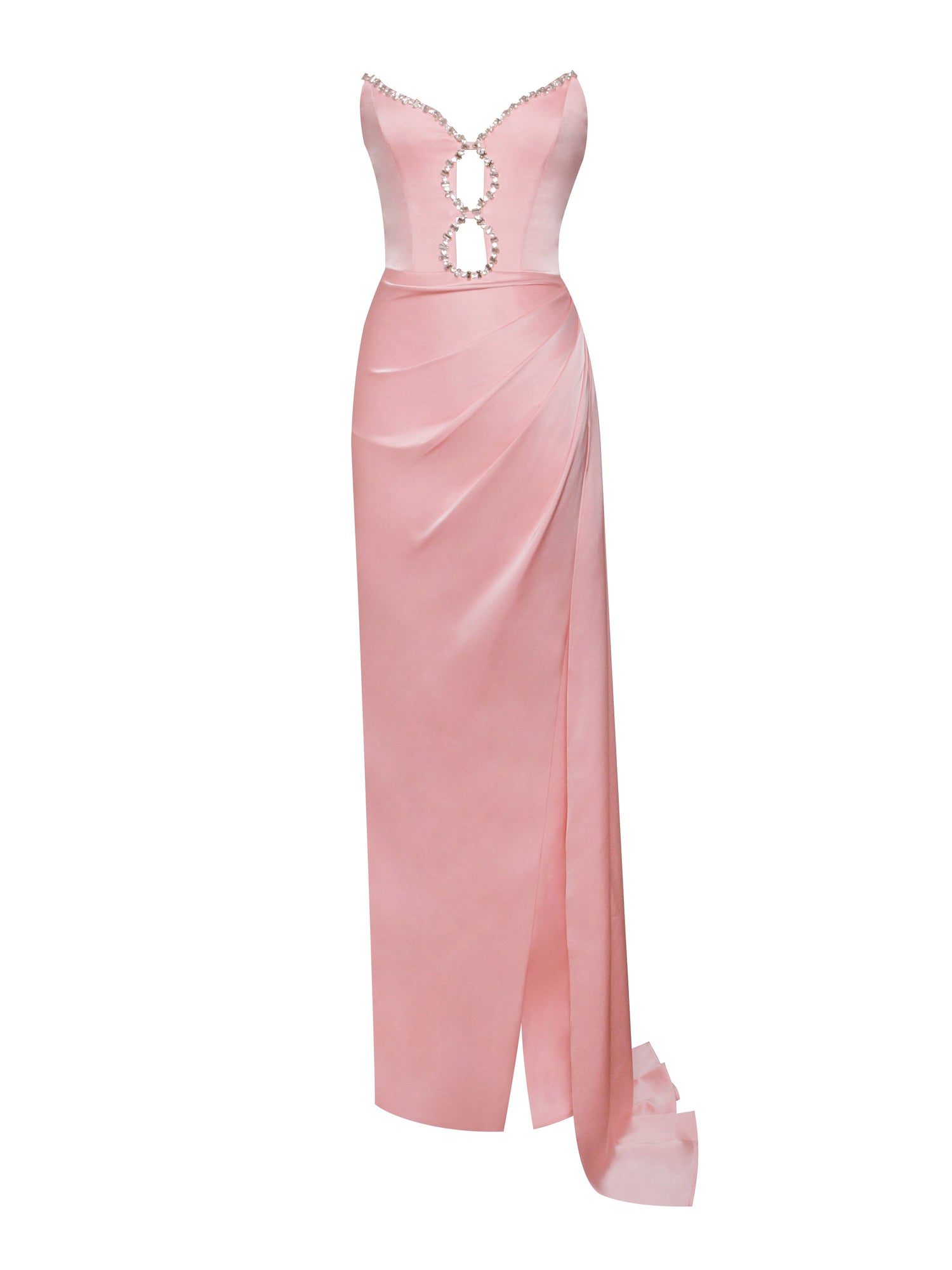 Marilyn Satin Crystal Embellished High Slit Gown | Pink