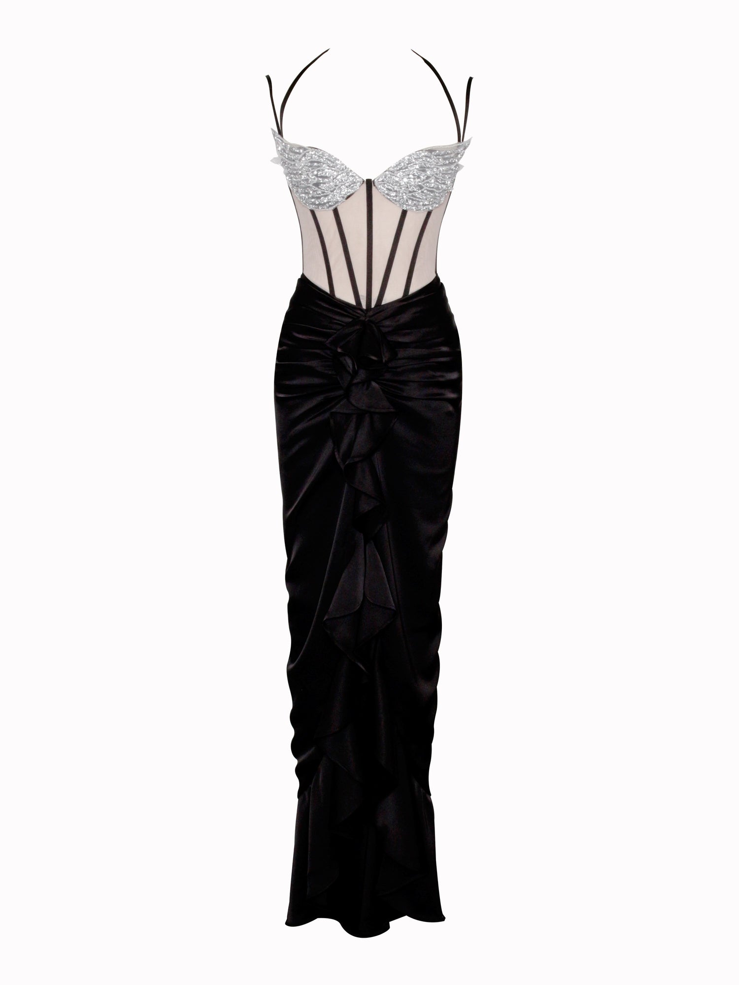 Rafaela Satin Corset Sequin Wing Cup Dress | Black