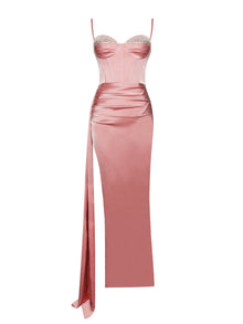 Vanity Blush Satin High Slit Draping Corset Gown With Crystals | Pink