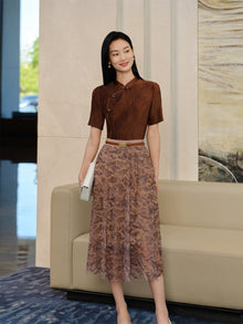 Chinese Style Embroidered Skirt | Brown