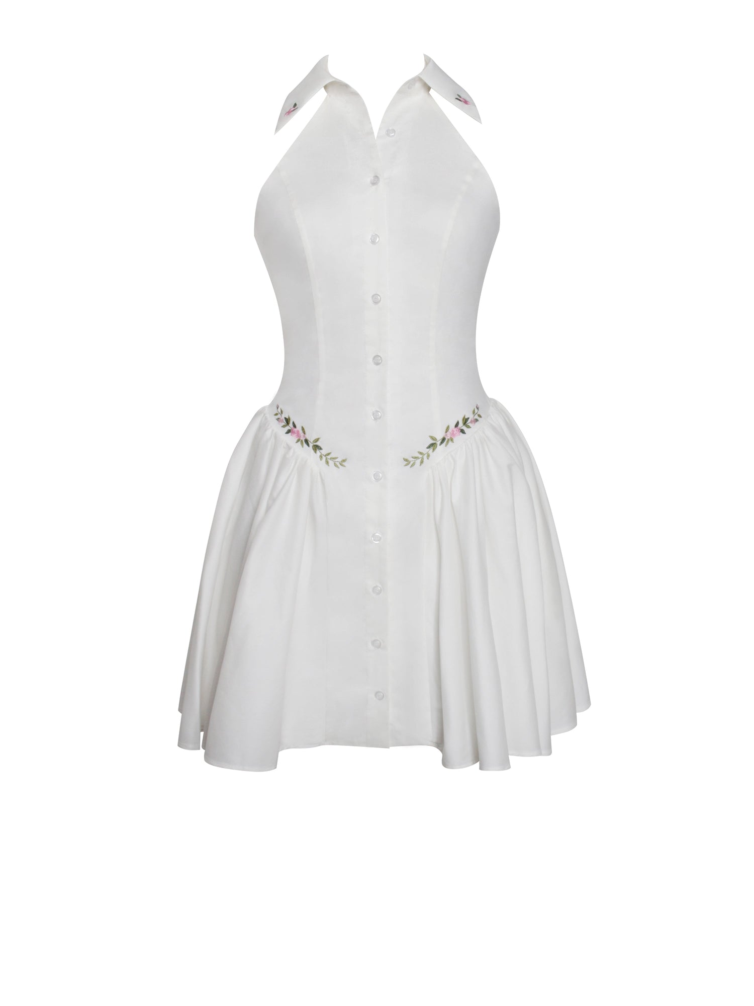 Hailey Embroidered Collared Halter Drop Waist Mini Dress | White