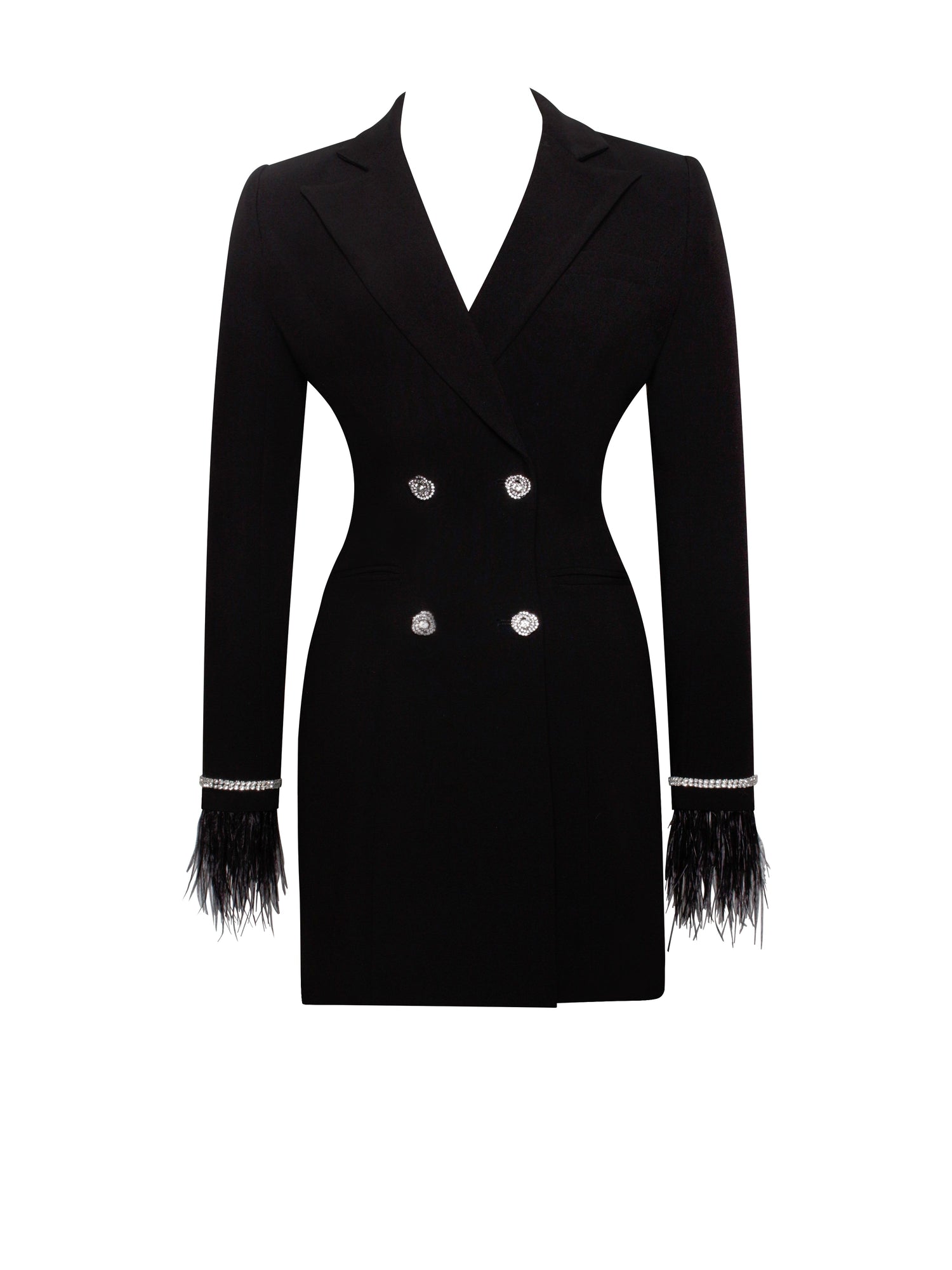 Quilla Feather Crystal Sleeve Backless Blazer Dress | Black