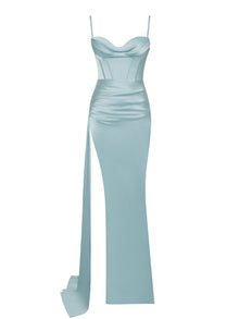 Elayna Pale Strappy Satin Corset High Slit Gown | Blue