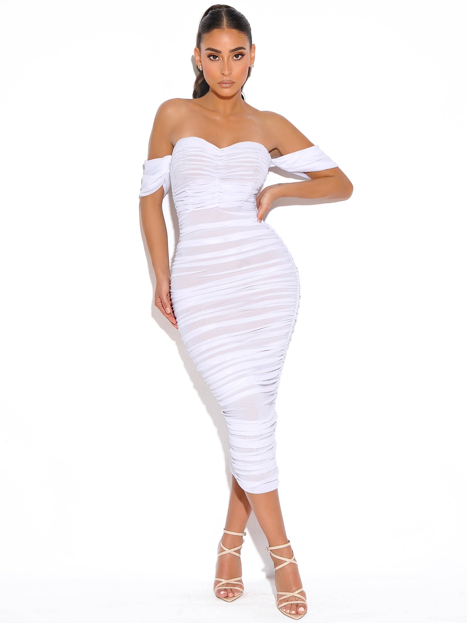 Quenby Off Shoulder Mesh Maxi Dress | White