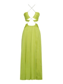 Quinby Lemon Chiffon Pleated Lace Up Maxi Dress | Green