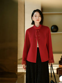Stand Collar Frog Button Short Coat | Red