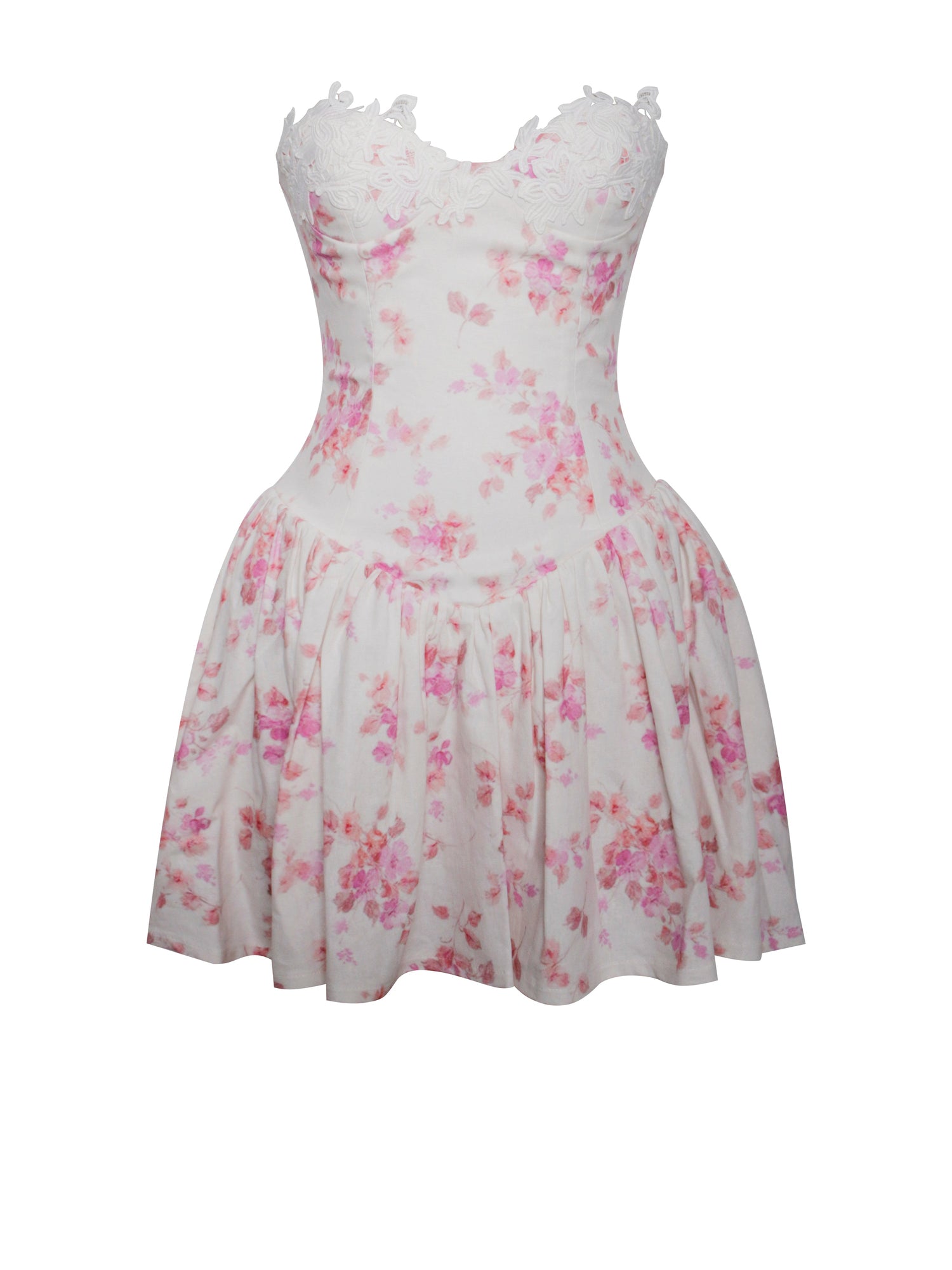 Samara Floral Drop Waist Linen Corset Puffy Mini Dress | Pink