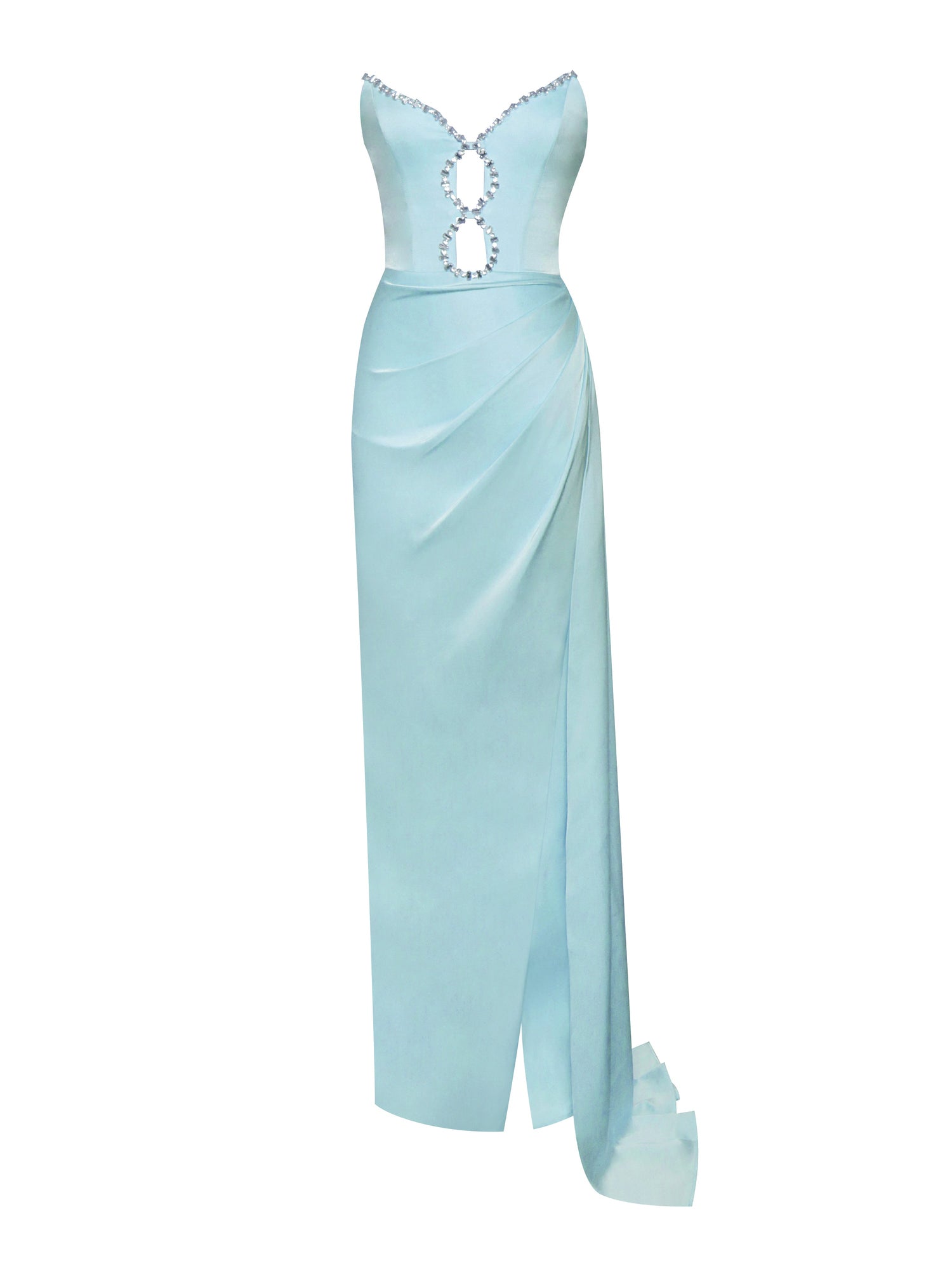 Marilyn Pale Satin Crystal Embellished High Slit Gown | Blue