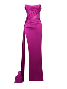 Holly Crystallized Corset High Slit Satin Gown | Fuchsia