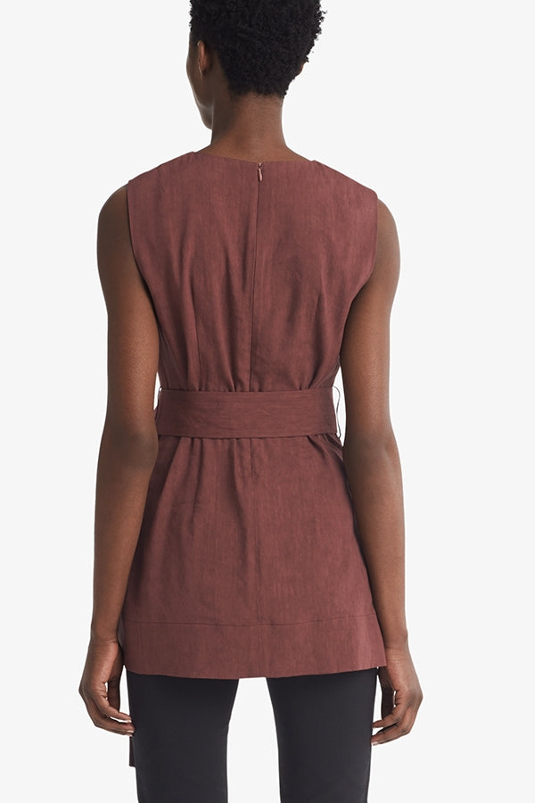 Back image of a woman standing wearing the Angelina top stretch linen in sumac | Grid Hover | Exclude