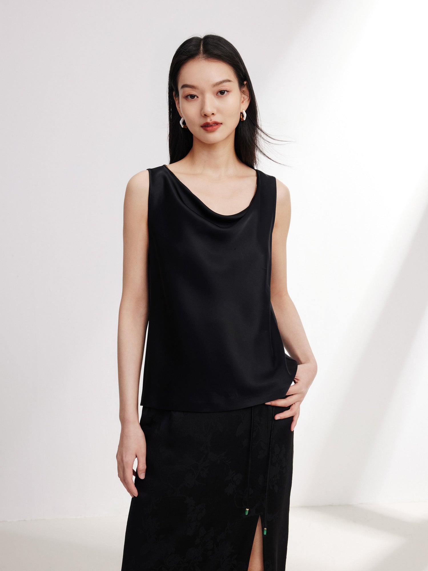 Sleeveless Draped Neck Top | Black