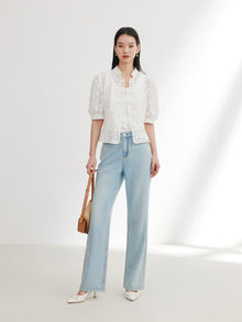 Cotton Lace Openwork Stand Collar Top | White