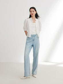 Cotton Lace Openwork Stand Collar Top | White