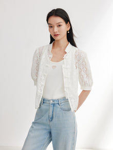 Cotton Lace Openwork Stand Collar Top | White