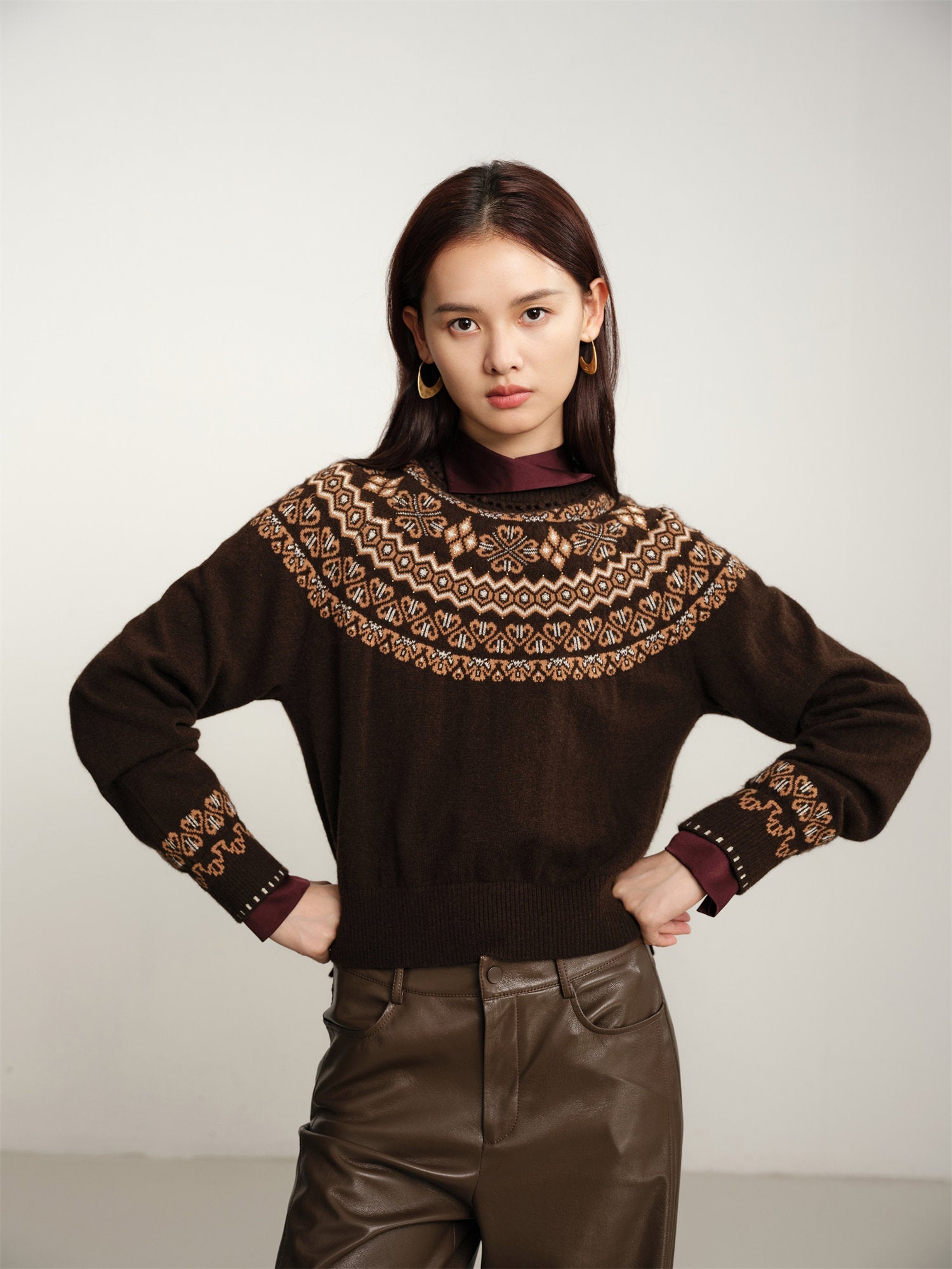 Coffee Yak Wool Ethnic Jacquard Pullover Sweater | Brown