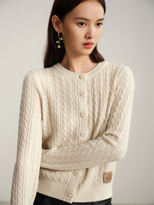 Twisted Cable Knit Round Neck Cardigan | Beige