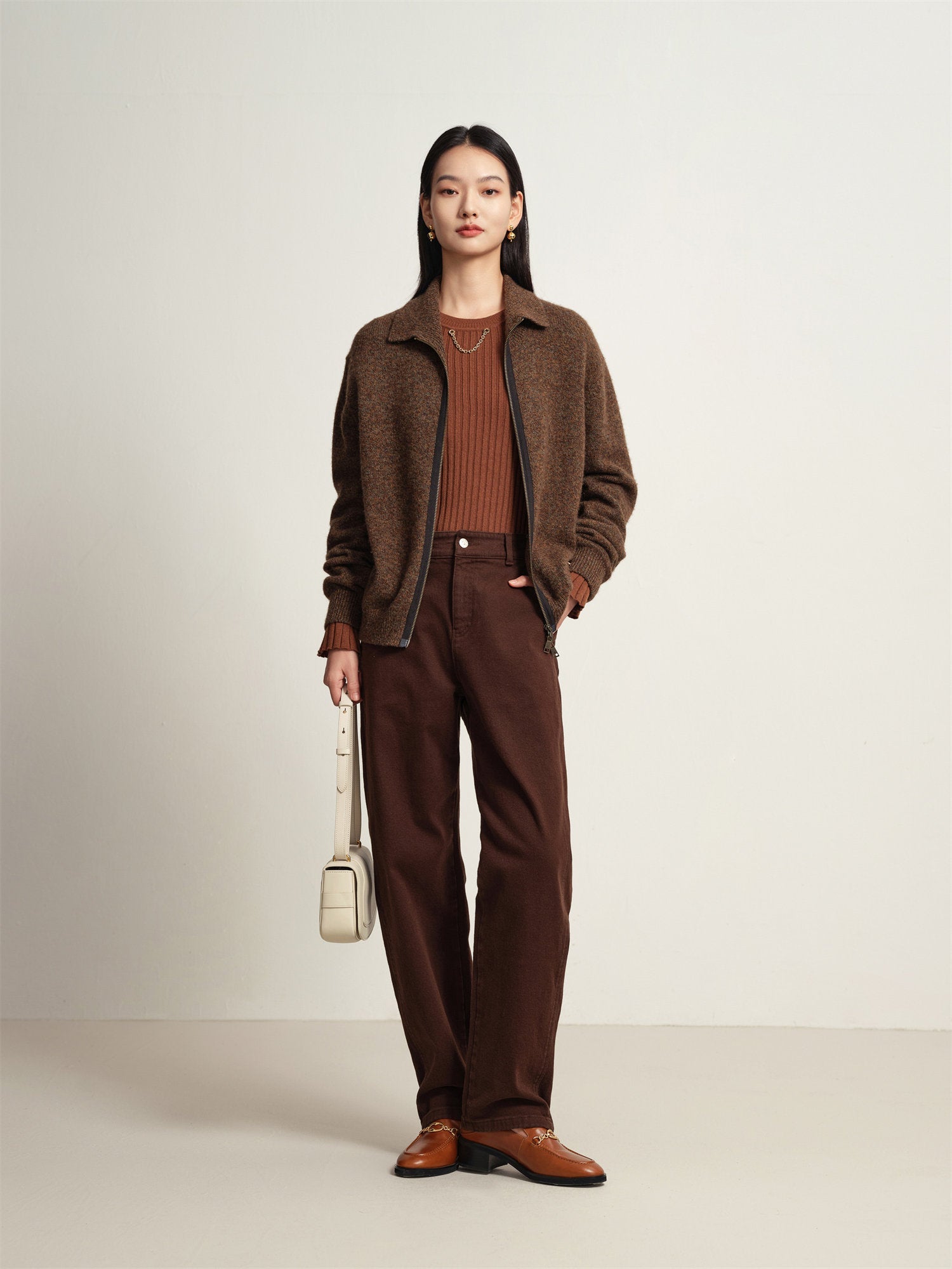 Zippered Sweater Jacket | Brown
