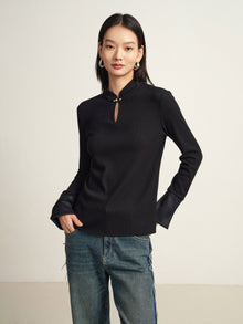 Mandarin Collar Long-Sleeve Top | Black