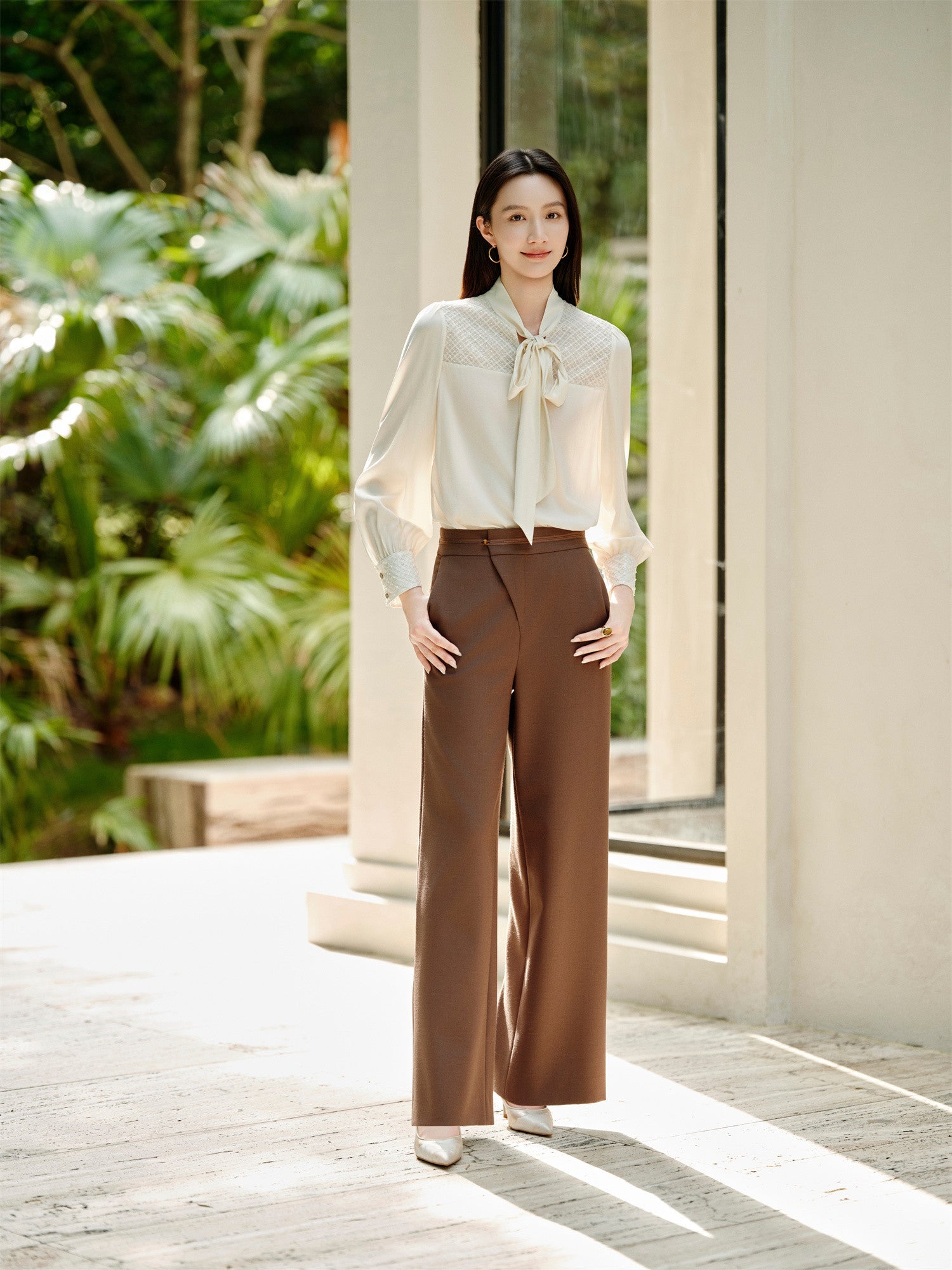 Silk Tie-Neck Embroidered Shirt | Beige