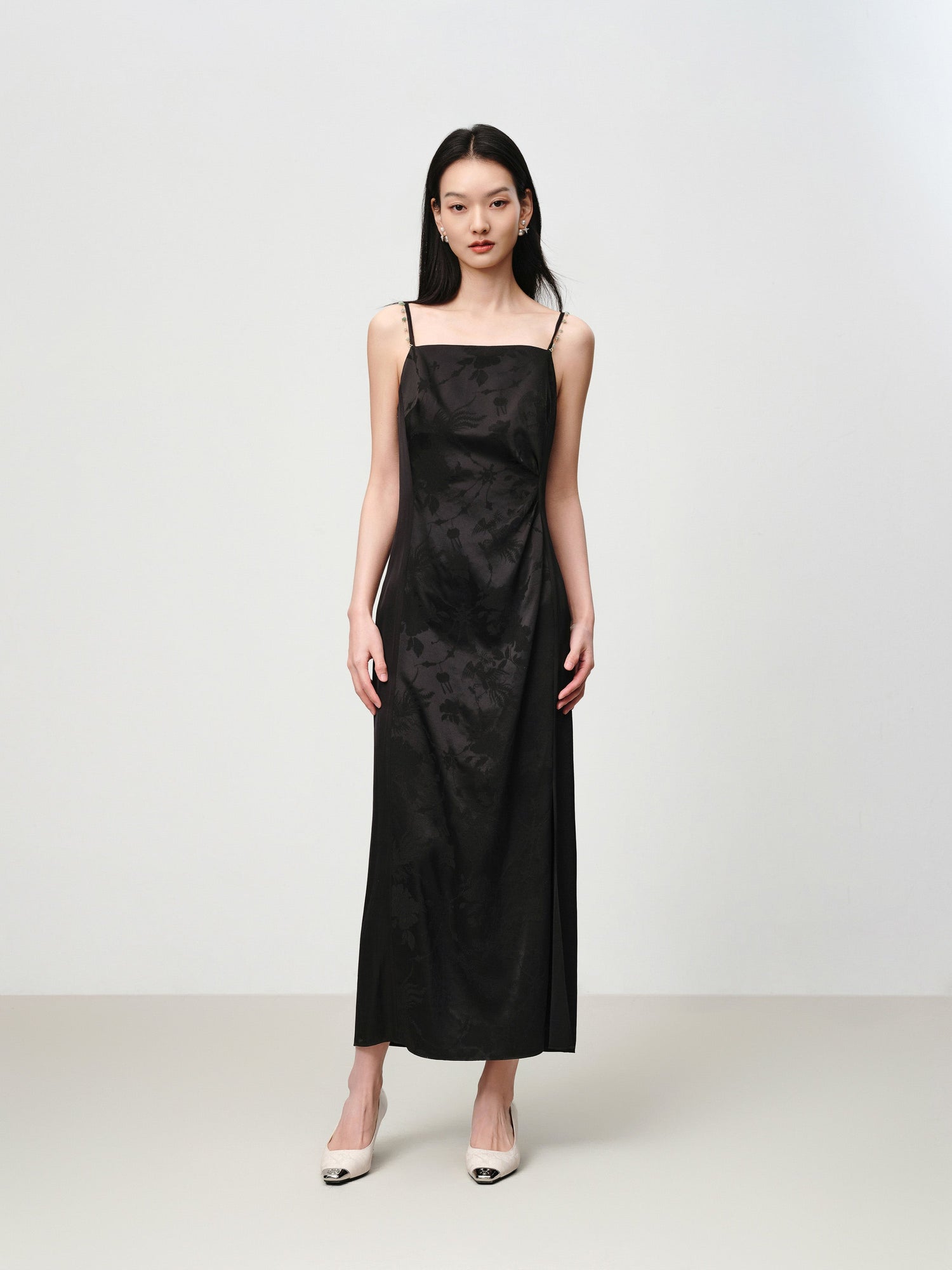 Elegant Mulberry Silk Jacquard Skirt Camisole Dress | Black