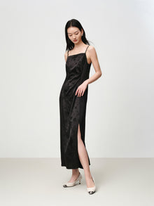Elegant Mulberry Silk Jacquard Skirt Camisole Dress | Black