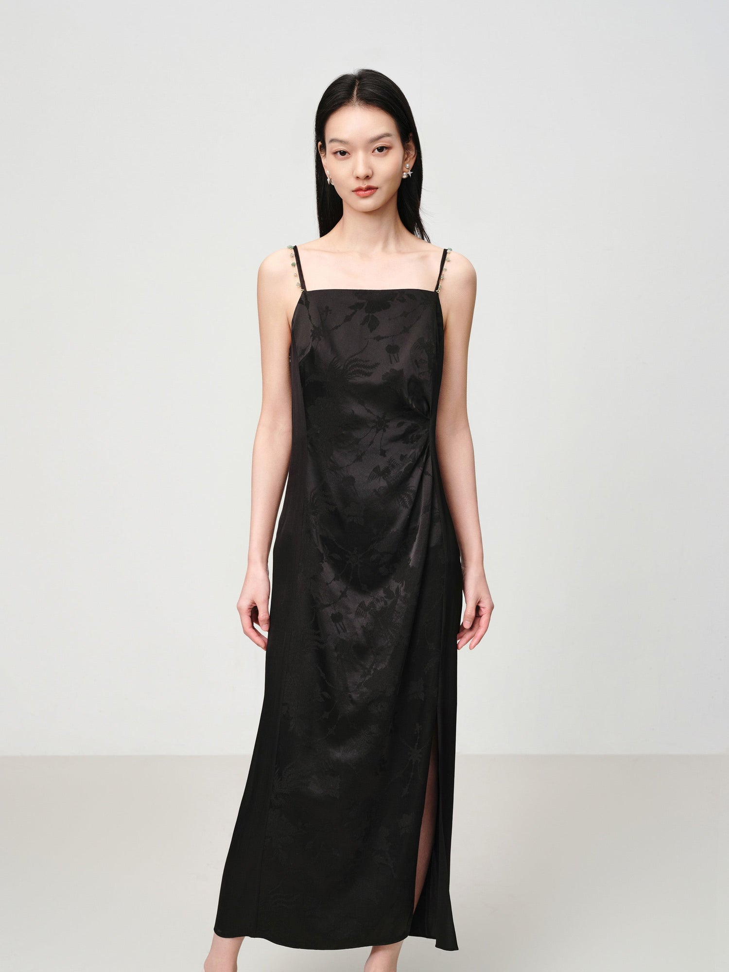 Elegant Mulberry Silk Jacquard Skirt Camisole Dress | Black