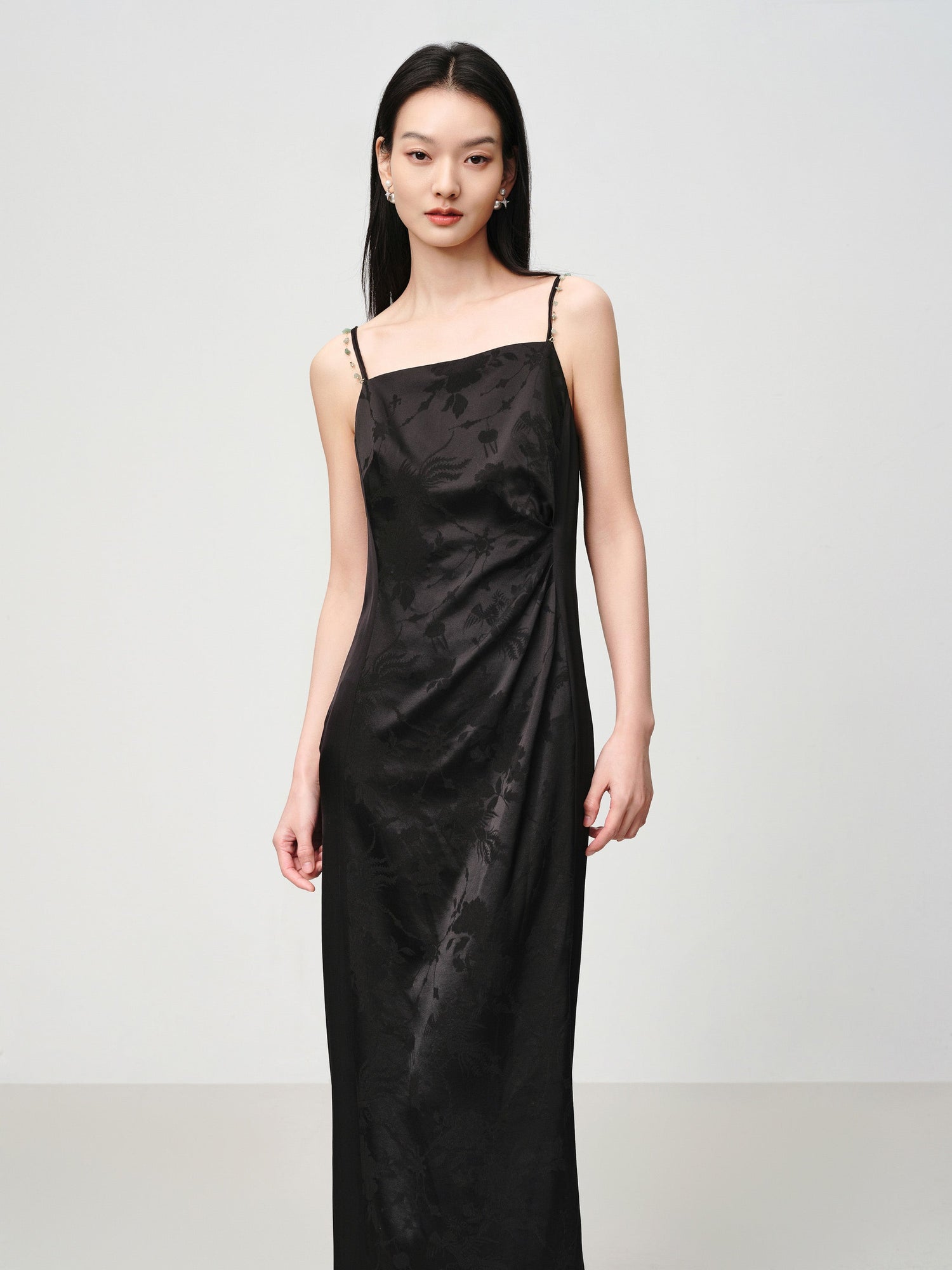 Elegant Mulberry Silk Jacquard Skirt Camisole Dress | Black