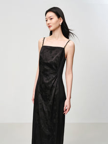 Elegant Mulberry Silk Jacquard Skirt Camisole Dress | Black