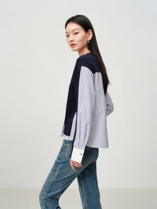 Knitted and Woven Patchwork Top | Navy