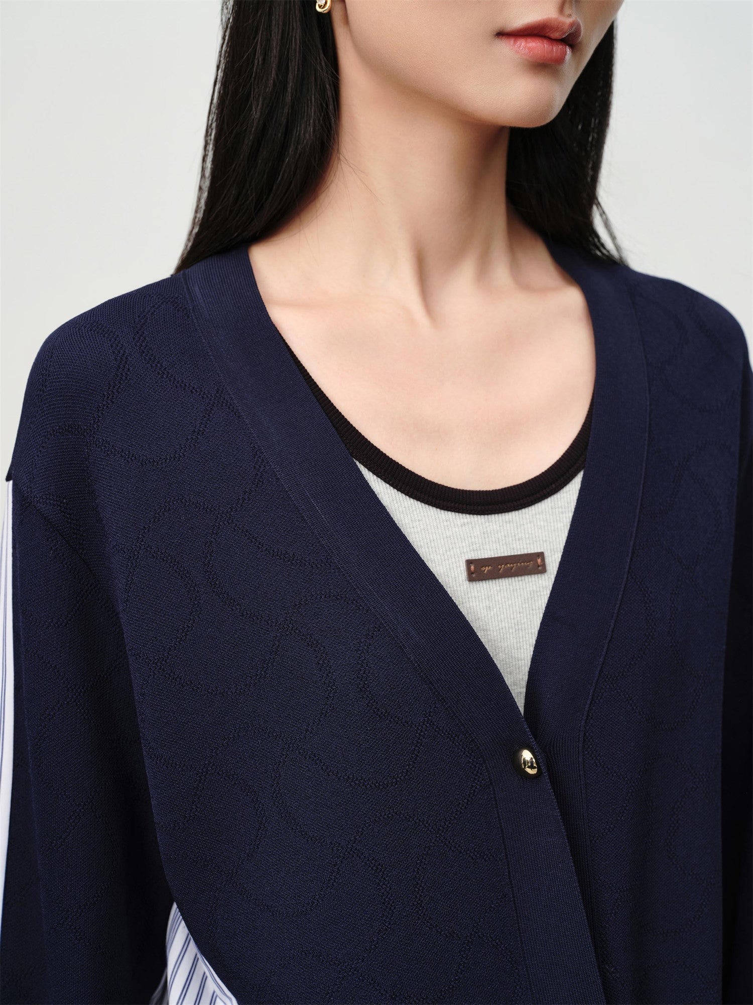 Knitted and Woven Patchwork Top | Navy