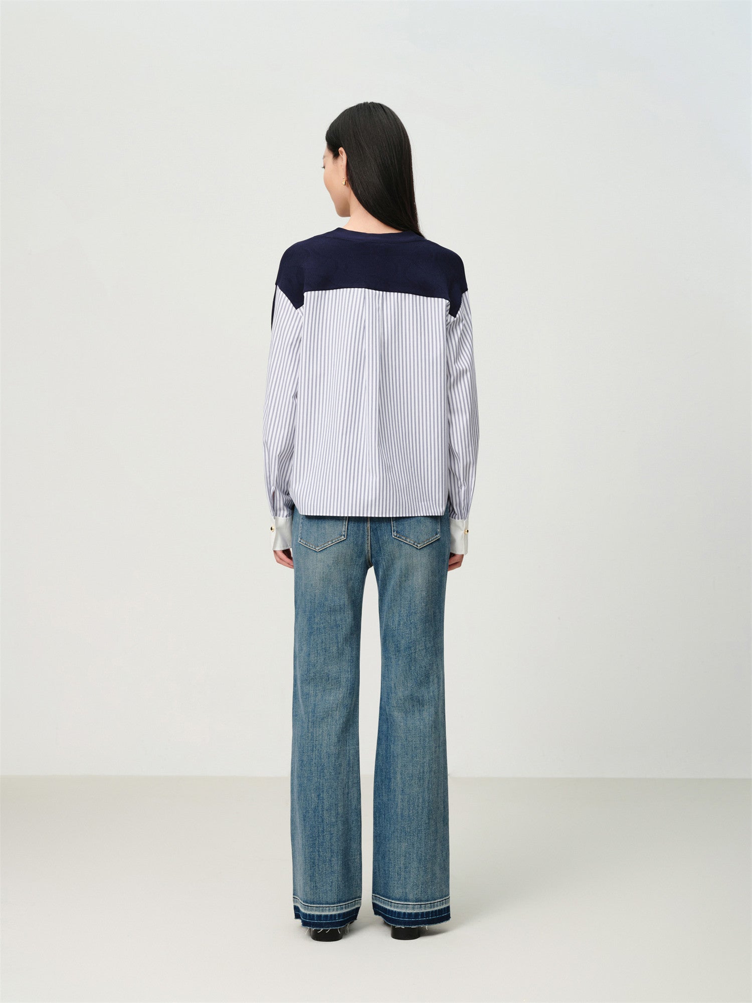 Knitted and Woven Patchwork Top | Navy