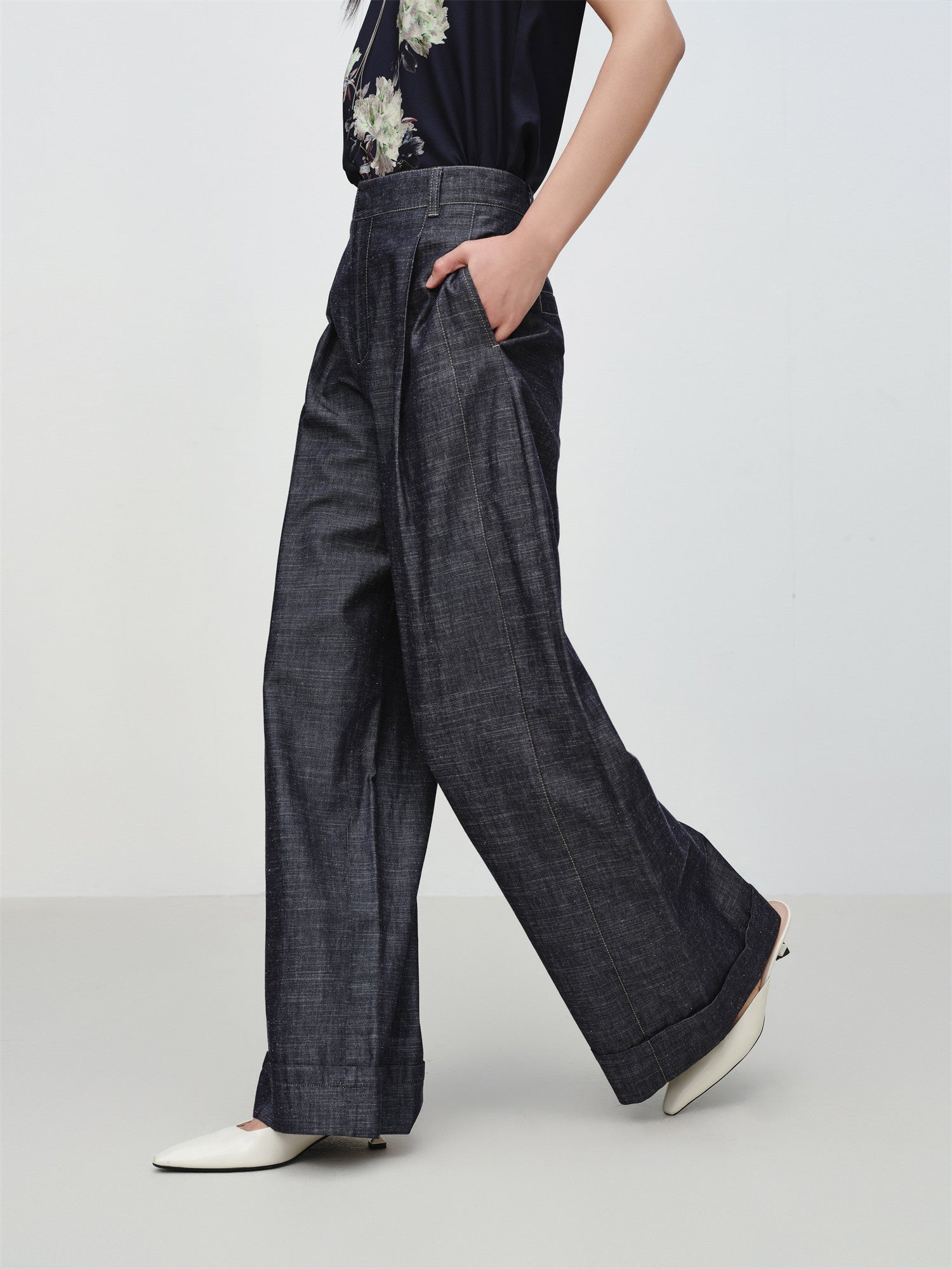Linen-Cotton Cropped Pants | Navy