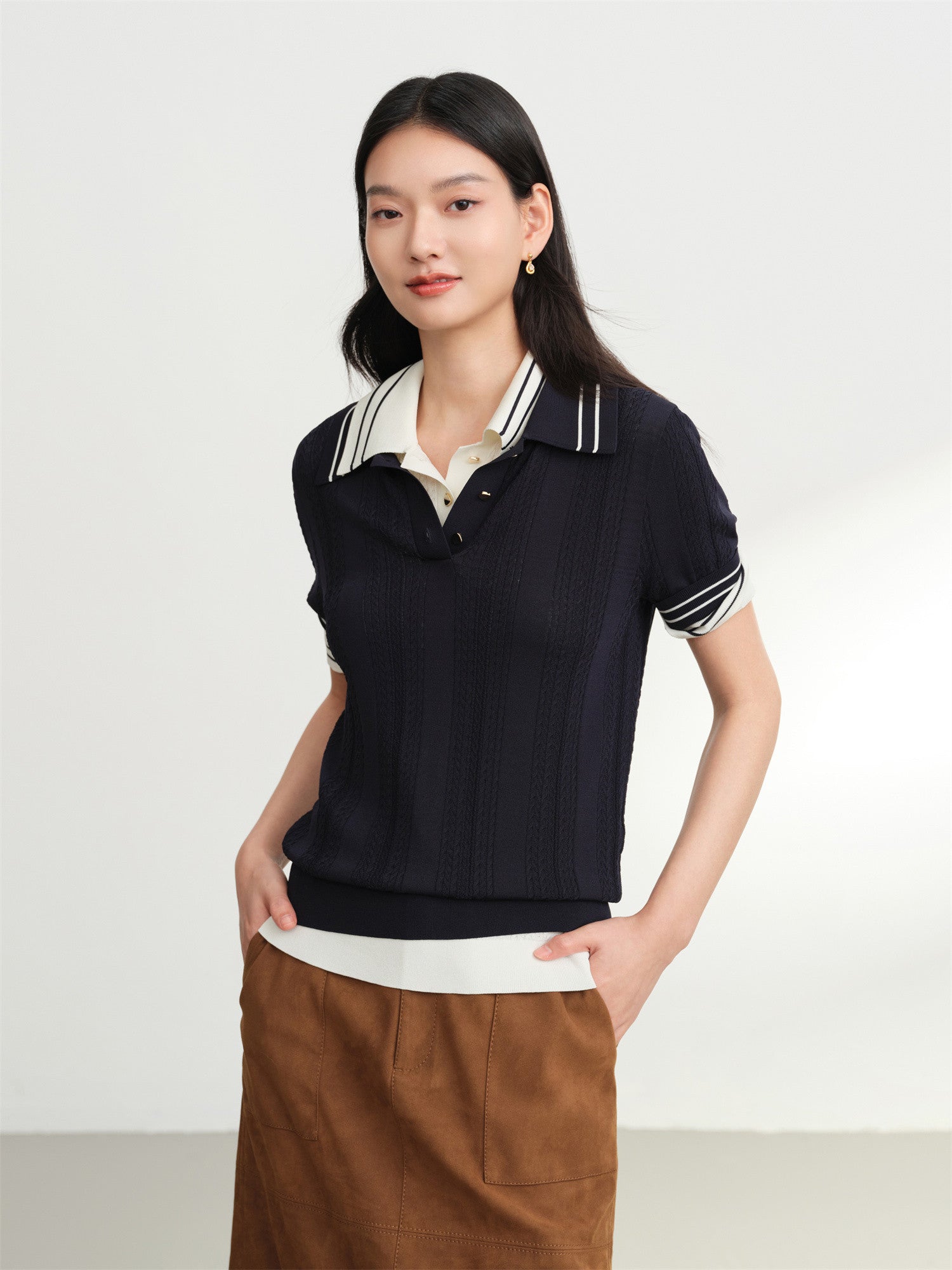 Collared Knit Base Layer Top | Navy