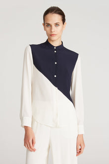 Halston | Eden Color Block Blouse | Navy And Chalk