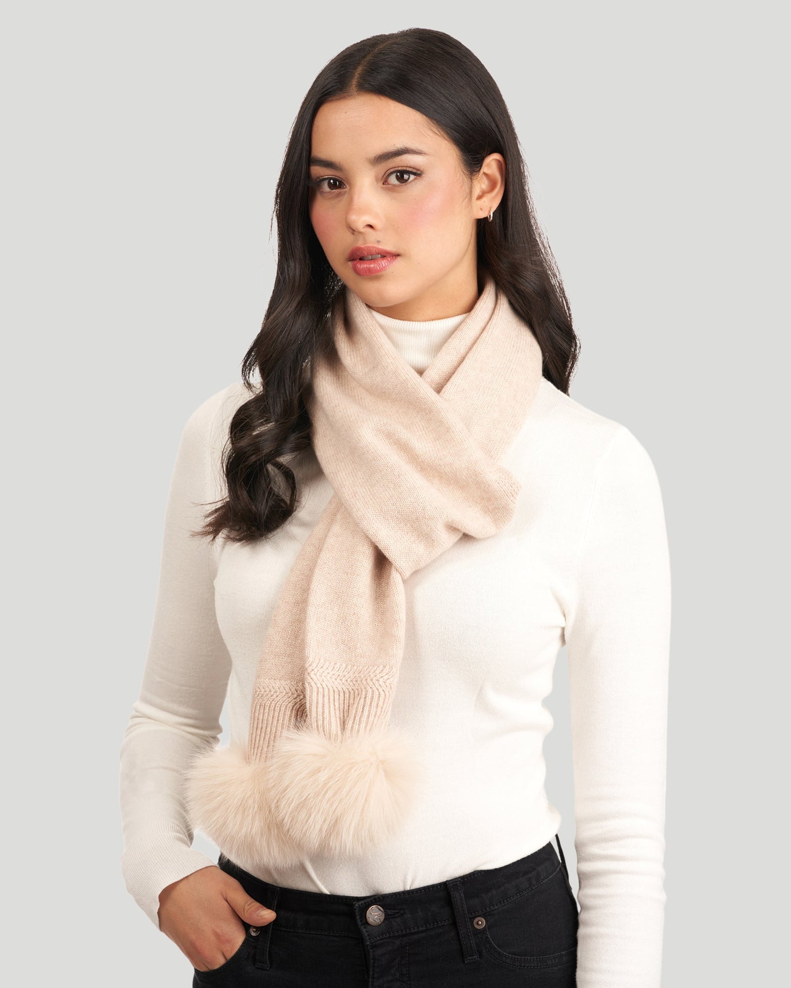 Knit Cashmere Scarf With Fox Pompom | Women | Light Beige