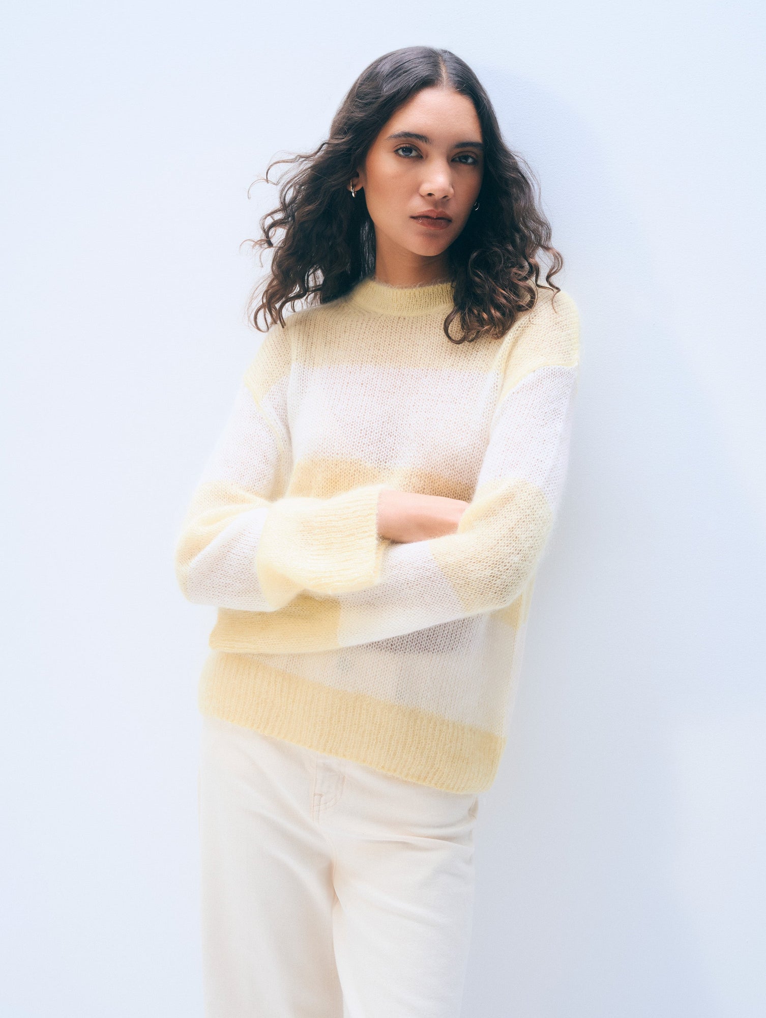 Mohair Luxe Oversized Crewneck | Lemonade/Ivory Stripe