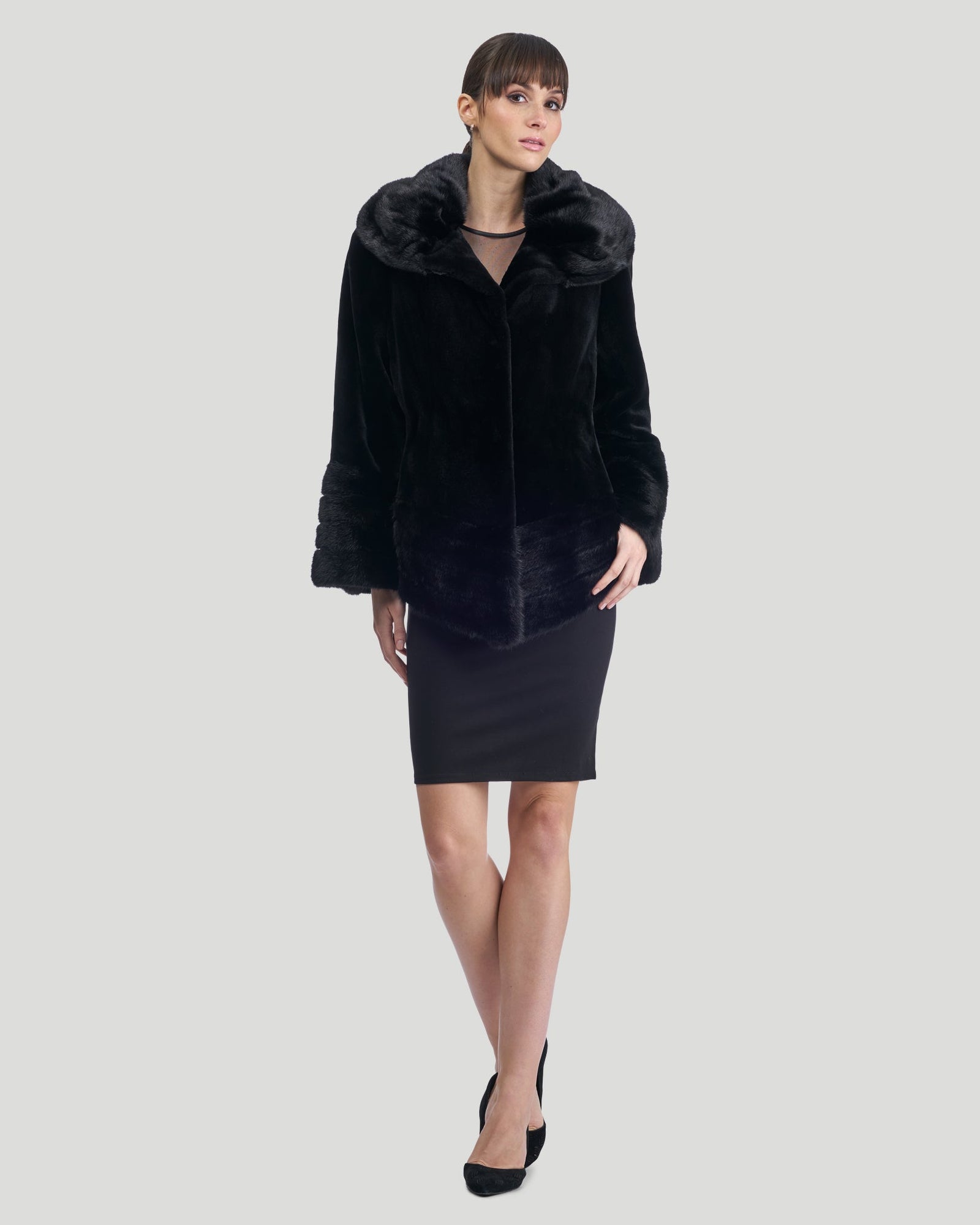 Sheared Mink Jacket, Reversible To Taffeta, Long Hair Mink Collar, Cuffs And Bottom | Women | Black