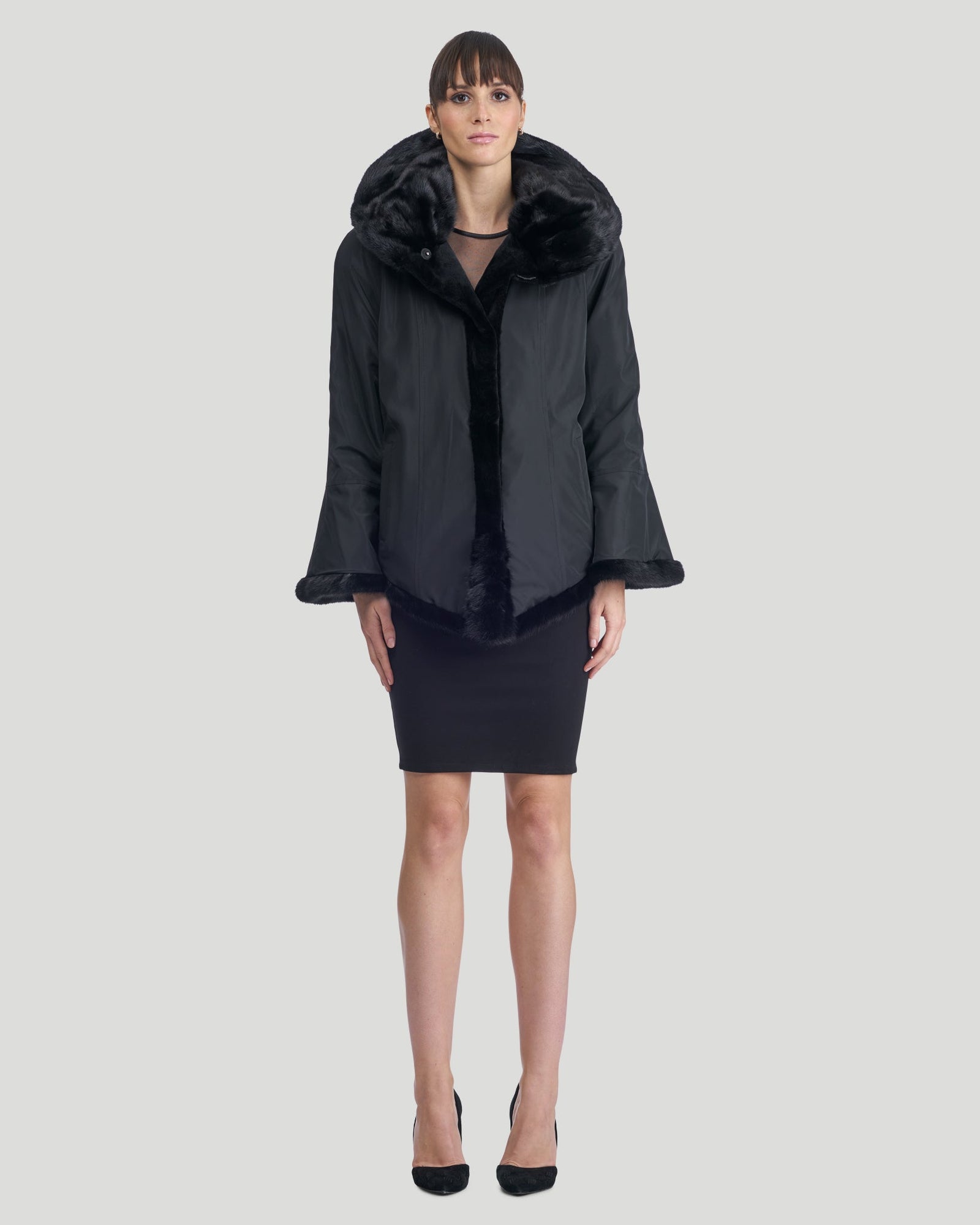 Sheared Mink Jacket, Reversible To Taffeta, Long Hair Mink Collar, Cuffs And Bottom | Women | Black