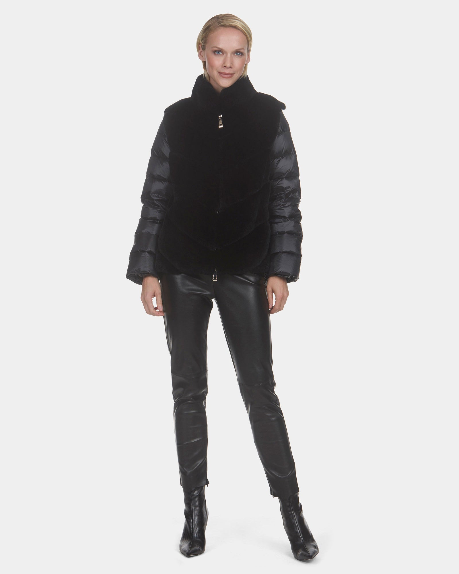 Chevron Rex Rabbit Zip Jacket With Quilted Detailing | Women | Black