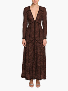 Victorian Corded Lace Deep V Button Maxi Dress | Brown