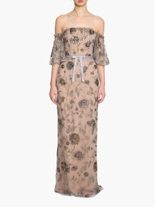 Illusion Murals Off The Shoulder Beaded Illusion Column Gown | Mixed Metals