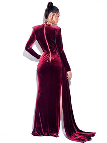 Zenaida Cutout High Slit Velvet Gown | Burgundy